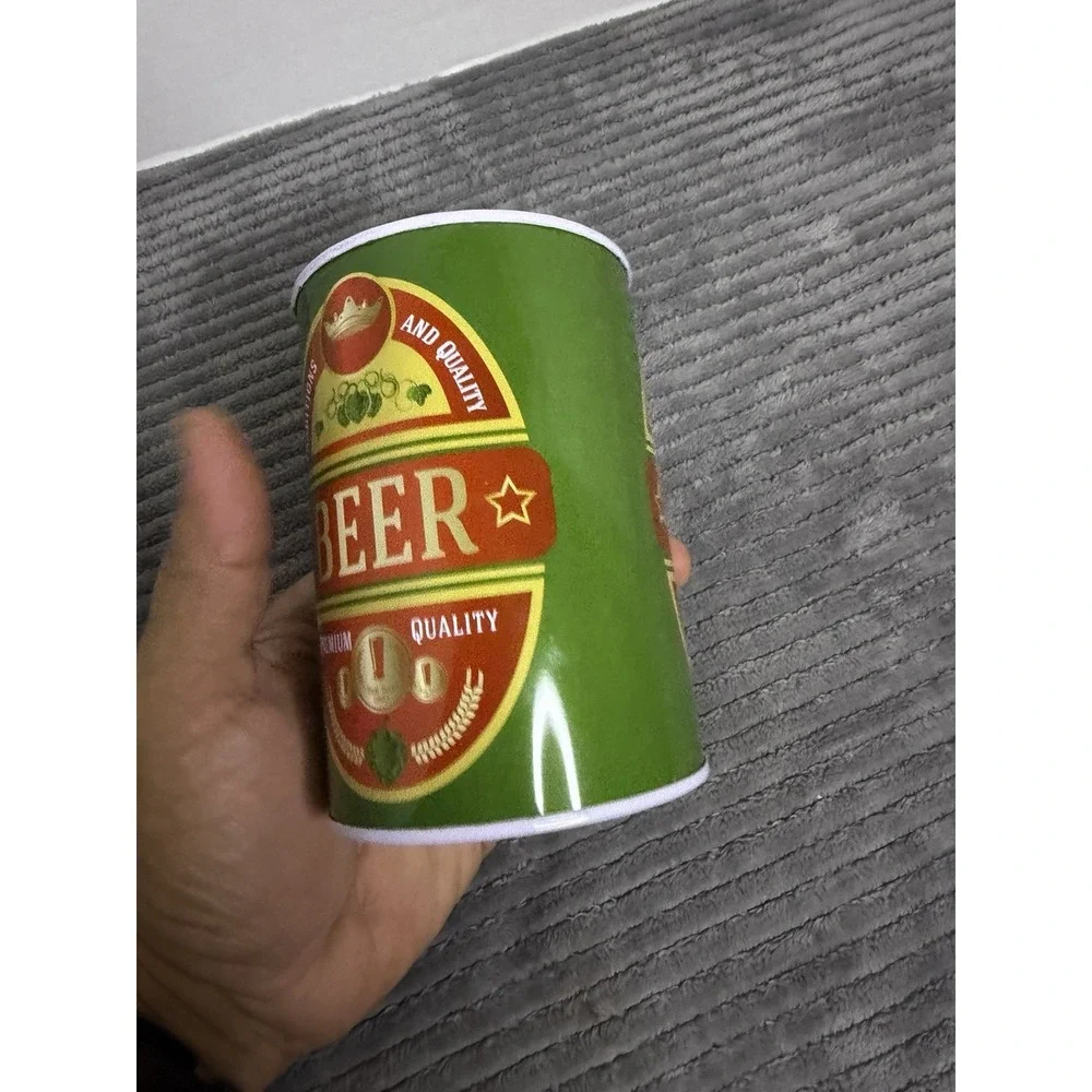NWT Gift Beer Can Money Piggy Bank Aluminum Green Tan New
